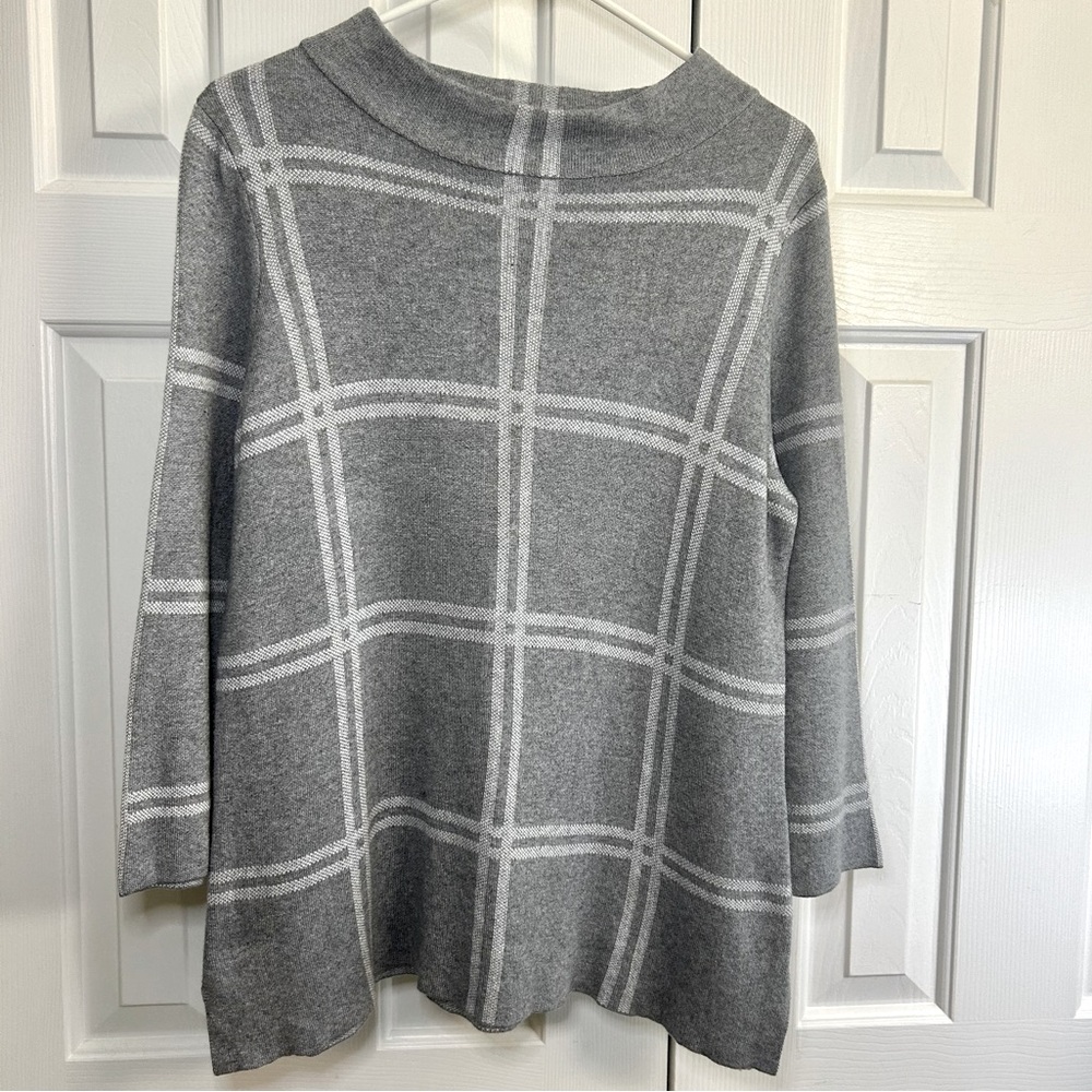Belldini Grey Windowpane Grid Mock Neck Long Line Sweater Top Size XL